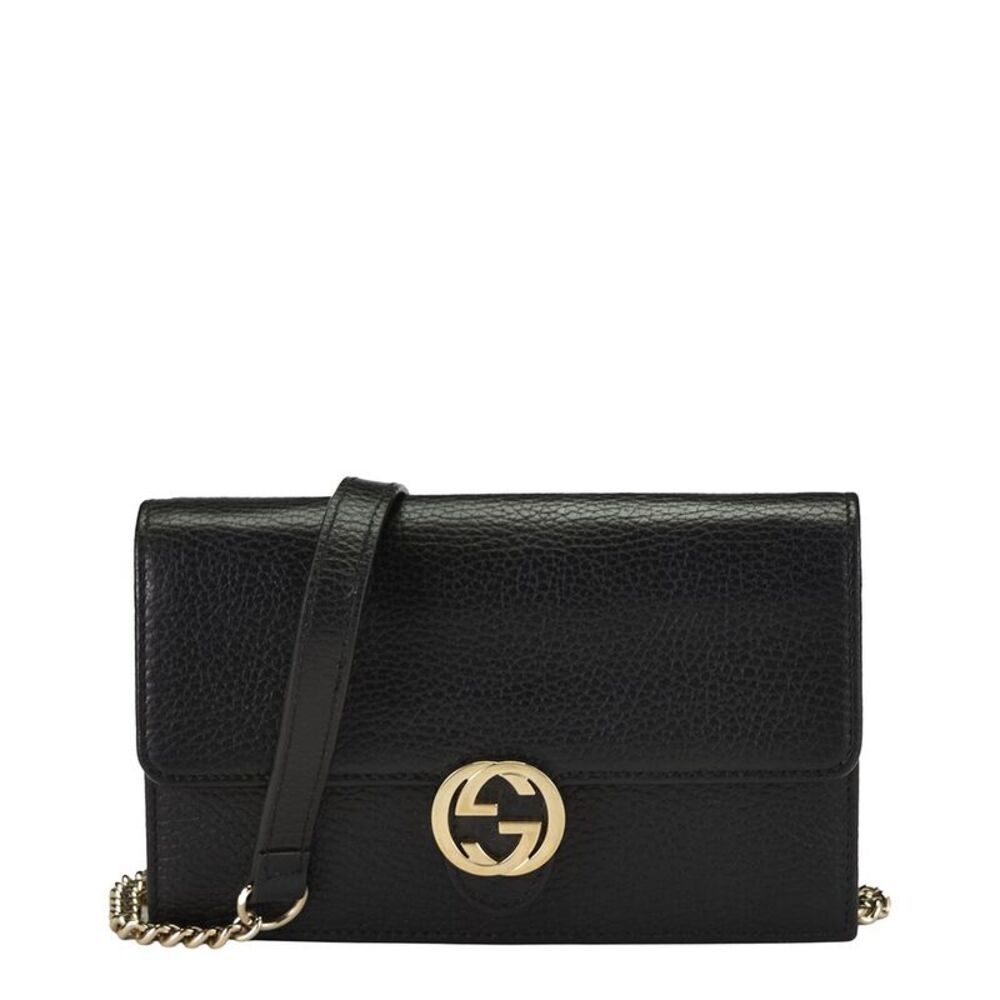 Gucci Black Leather Interlocking Wallet On Chain Small (Authentic Pre-Loved)
